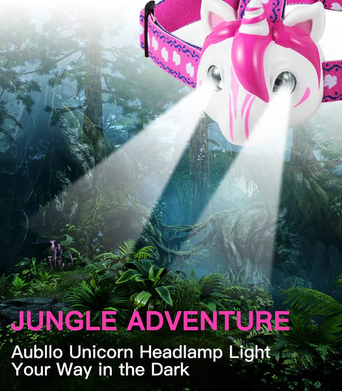 Unicorn Themed LED Headlamp For Kids And Grownups, Hands Free, with 2 Bright LEDs glowing in a jungle setting.
