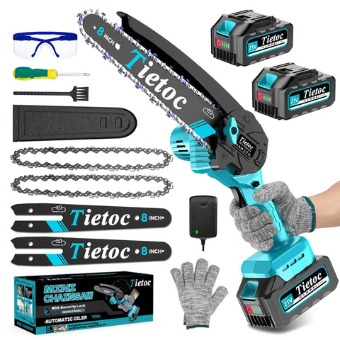 Cordless 8 Inch Mini Chainsaw With Dual 4000mAh Batteries set, includes chainsaw, accessories, and packaging