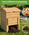 Solid Wood Compost Bin 48 Gallon Outdoor Bin With Lockable Sliding Door shown in garden setting for fast composting