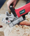 8.5 Amp Biscuit Cutter Plate Joiner Kit cutting wood, showing 4 inch tungsten carbide blade for corner miter and butt joints