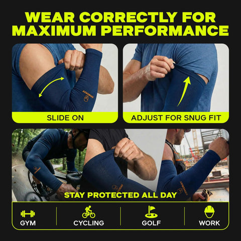 UV Shield Arm Sleeves For Men And Women, 10 Pair Cooling Compression, Tattoo Cover Up, Sun Protection For Running, Cycling, Golf, Work, And Daily Wear, shown worn during sports and activities.