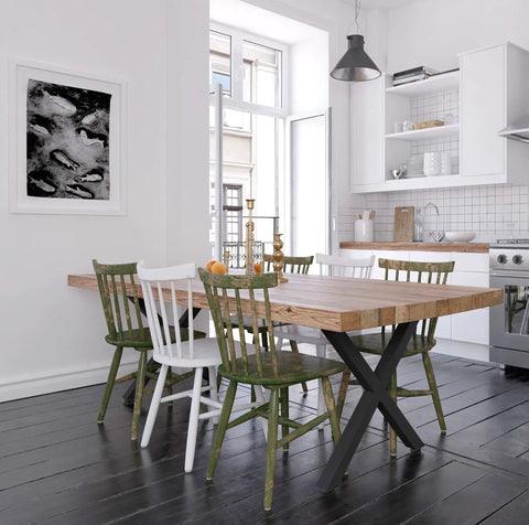 Dining room with wooden table featuring Beefy Metal Table Legs 28 Inch High Square Tube Industrial Style for DIY Dining Tables and Desks.