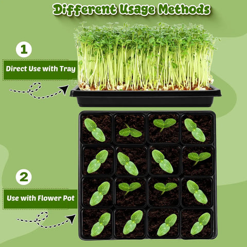 100 Black Square Seedling Pots, 2.6 Inch With Drain Holes, Plus 5 Plastic Seed Starter Trays showing two usage methods.