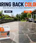 One Gallon Premium Wet Look Stone And Concrete Sealer displayed beside revitalized paver patio, showing before and after effect.