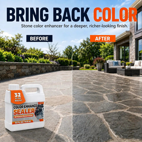 One Gallon Premium Wet Look Stone And Concrete Sealer displayed beside revitalized paver patio, showing before and after effect.