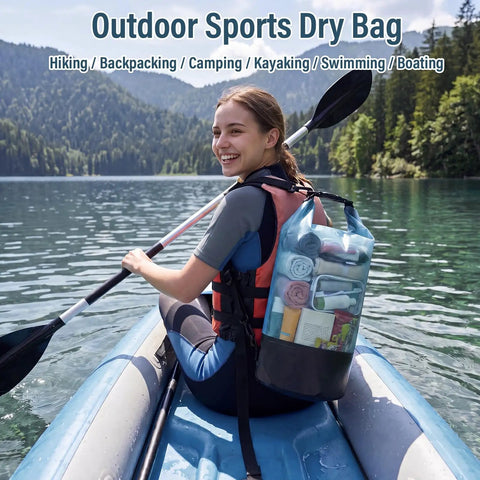 Woman kayaking with 10L Waterproof Dry Bag Backpack For Men And Women Roll Top Secure Seal Ultra Durable Lightweight Dry Sack