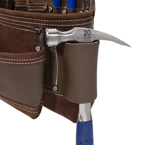 Leather hammer holder detail of 14 Pocket Framer Tool Belt Set With Tough As Nails Pro Grade Full Grain Leather, Rivet Reinforced Corners.