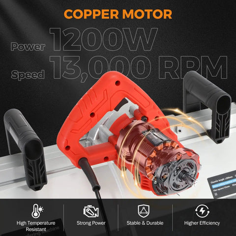 Heavy Duty Electric Tile Angle Cutting Machine With 43 Degree Chamfering Guide For Ceramic Tiles Smooth Bevel Cuts No Sweat For Weekend Warriors And Pros, showing 1200W copper motor.