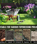 Heavy Duty Lawn Leveling Rake With 72 Inch Long Handle And 31 Inch Head beside wheelbarrow in garden