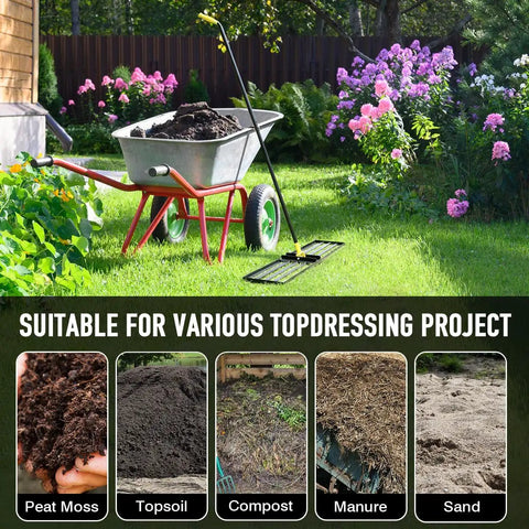 Heavy Duty Lawn Leveling Rake With 72 Inch Long Handle And 31 Inch Head beside wheelbarrow in garden