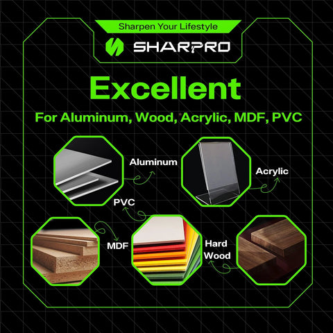 SHARPRO Compression Flush Trim Router Bit banner front showing aluminum, wood, acrylic, MDF, PVC icons