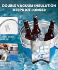 Rock Solid 7 Liter Insulated Ice Bucket With Handy Bottle Opener Double Wall Vacuum Stainless Steel Drink Cooler Holds Six Longnecks Or Three Wine Bottles For Backyard Bashes And Chill Gatherings Blue with bottles and ice.