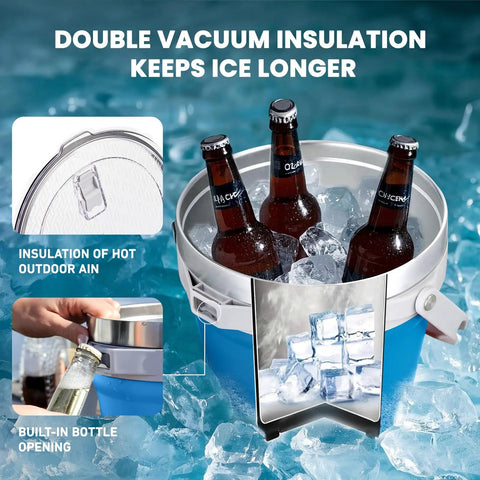 Rock Solid 7 Liter Insulated Ice Bucket With Handy Bottle Opener Double Wall Vacuum Stainless Steel Drink Cooler Holds Six Longnecks Or Three Wine Bottles For Backyard Bashes And Chill Gatherings Blue with bottles and ice.