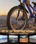 Close-up of front wheel of blue Kids Mountain Bike 20 And 24 Inch for Boys And Girls Ages 7 To 12, dual disc brakes, outdoor setting