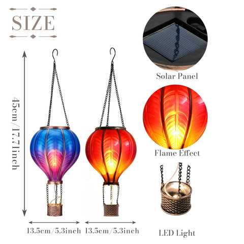 Set Of 2 Dope Hot Air Balloon Solar Lanterns For Outdoor Garden Decor, multiple colors with flickering flame light effect