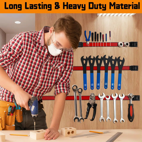 Man using 18-Inch Magnetic Tool Holder Strip Set, 4-Piece Red Metal Tool Organizer Rack With Stainless Steel Surface in workshop