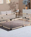 Large Wooden Playpen Fence With One Hand Door Gate For Kids in living room, 180x240 cm baby play area barrier, sturdy indoor guard fence.