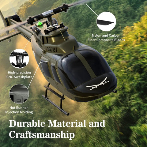 Ultra Realistic 27 To 1 Scale RC Helicopter With Auto Hover Bell OH 58 Style showing front with nylon carbon fiber blades