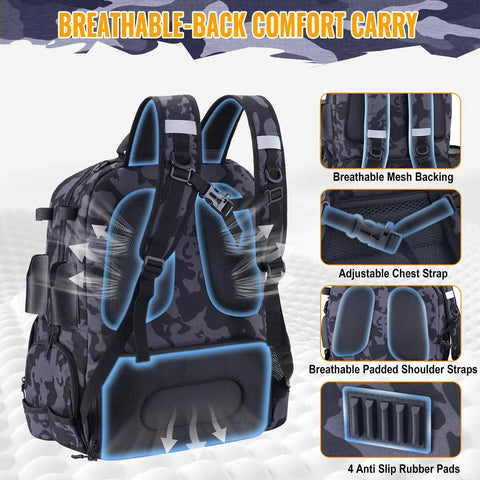 50L Fishing Tackle Backpack With Built In Rod Holder Water Resistant Outdoor Gear with breathable mesh backing and padded straps