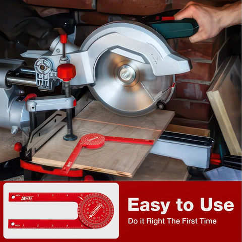 7.3 Inch Aluminum Miter Saw Protractor Angle Finder Tool with Sick Accuracy for Cutting Crisp Crown Molding Baseboard and Trim Corners, precise angle measurement in use.