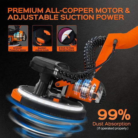 All In One Drywall Sander With Extendable Handle And LED Light, 8.5 Amp Popcorn Ceiling Removal Tool with suction knob and sanding discs