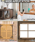 Rustic Barn Door Corner Brackets Set 4.9 In Matte Black L Shape Sliding Door Hardware shown on mirror frame, window, fence, and box.