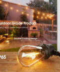 50Ft Outdoor String Lights With 27 Edison Dimmable LED Bulbs Weatherproof against rain over garden patio, IP65 rated close-up