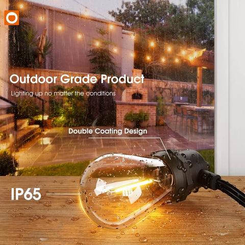 50Ft Outdoor String Lights With 27 Edison Dimmable LED Bulbs Weatherproof against rain over garden patio, IP65 rated close-up