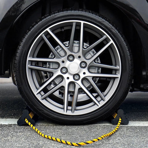Heavy Duty Rubber Wheel Chocks With 52 Inch Rope, 2 Pair Non Slip Tire Stopper Blocks For RVs, Campers, Cars, Trucks in use