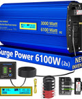 Powerful 3000W Pure Sine Wave Inverter For Off Grid Power 12V To 110V AC With 6100W Surge For 2 Seconds UL Fuses Lithium Battery Compatible Ideal For RVs Trucks Solar And Home Backup showing product components and control panel