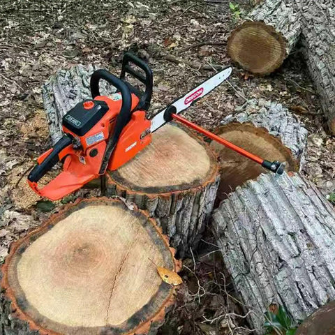 Heavy Duty Telescopic Firewood Measuring Stick With Super Strong Magnets For Fast Wood Cutting And Dang Easy Log Marking Yard Tool For Outdoor Campfire Prep And Homestead Wood Piles positioned on sawn tree stumps.