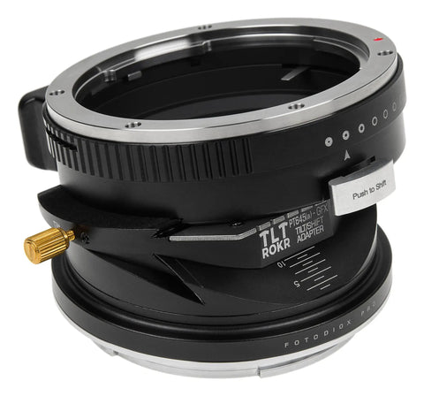 Tilt Shift Adapter For Pentax 645 Autofocus Lenses To Fuji Cameras With 10 Degrees Tilt, 20mm Shift, 360 Degree Rotation, All Metal Build For Precise, Wobble Free Mounting And Creative Macro Shots. Black metal tilt-shift lens adapter with shift lever
