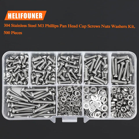 M3 Metric Phillips Pan Head Machine Screws Kit in Six Sizes with hex nuts, lock washers, flat washers, 304 stainless steel