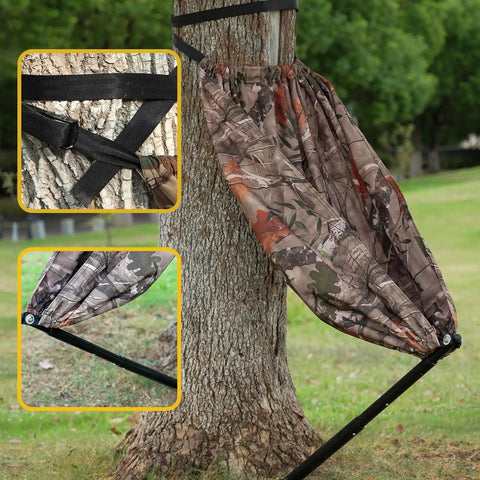 Camo Tree Hammock Chair Portable Hunting Stool attached to tree, showing straps and chair fabric pattern, supports 330 lbs.