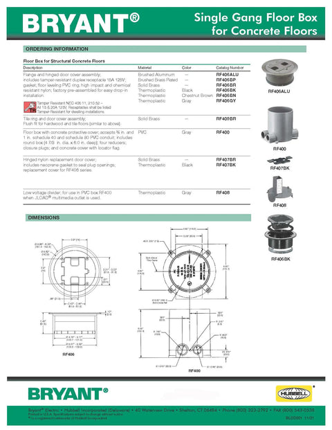 Specification sheet for Aluminum Floor Box Cover With 15A 125V Outlet For RF400 Bryant Floor Box RF406ALU installation.