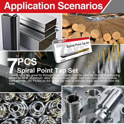 Image of 7 Piece Spiral Point Tap Set M2 to M6 Titanium Coated High Speed Steel 6542 Machine Threading Tools, application scenarios.
