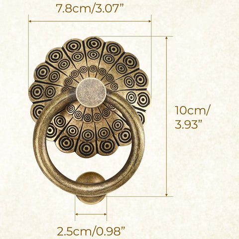 Antique Door Knocker With Bronze Brass Ring Pull, Victorian Style, Dimensions Labeled, Rustic Hardware for Castle Entry