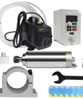 Beefy 2.2kW Water Cooled ER20 VFD Spindle Motor Kit For CNC Routers With 80mm Mount, 80W Pump, 5m Tubing, ER20 Collets From 1mm To 13mm, Wrench And Mount Hardware. CNC spindle kit with motor, VFD, pump, tubing, mount, wrench and collets