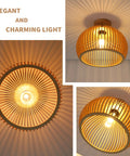 Semi Flush Mount Ceiling Light Fixture With Woven Rattan Cage Shade Cozy Rustic Farmhouse Vibe Handmade Wood Panels