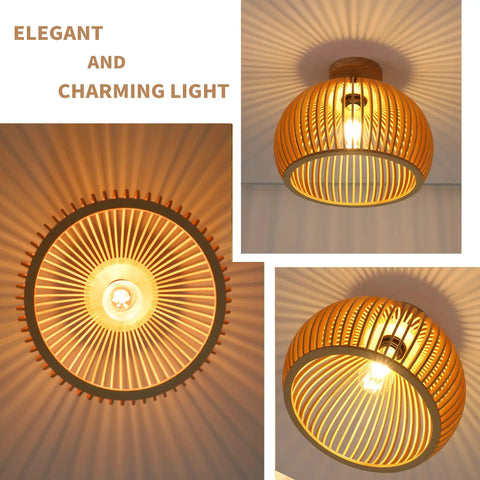 Semi Flush Mount Ceiling Light Fixture With Woven Rattan Cage Shade Cozy Rustic Farmhouse Vibe Handmade Wood Panels