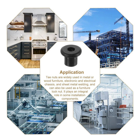 Rugged M8 T Nuts Black Carbon Steel Insert Tee Fasteners for Furniture Build displayed among application images.