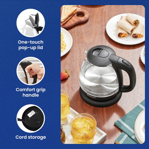 Fast Boil 1 Liter Glass Electric Kettle Cordless 360 Degree Base BPA Free 1100W With Auto Shutoff on kitchen table