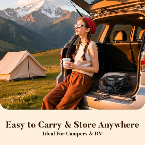 Person enjoying a scenic view next to car with camping gear, ideal for Removable Handle Induction Pots And Pans Set RV use.