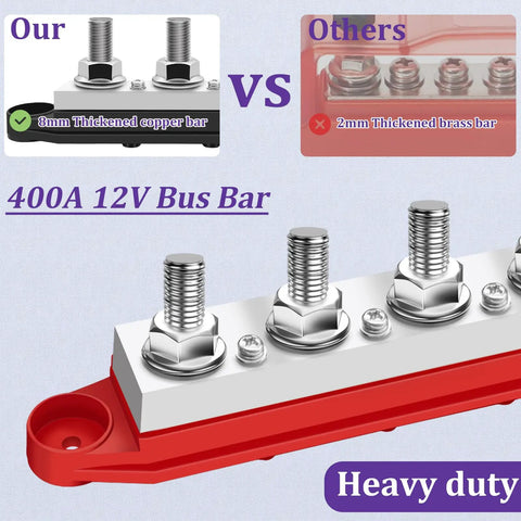 Heavy Duty 400 Amp 12 Volt Bus Bar Power Distribution Block With Premium Brass Terminals And Ultra Durable Nylon Cover For Built Tough Automotive Marine Solar Wiring Red Black Pair comparison image.