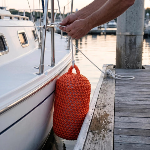 Solid Nylon Boat Fenders For Docking And Marine Anti Collision Protection in use on docked vessel, orange color
