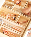 Paulownia Wood Drawer Organizer Bin For Kitchen And Pantry Renewable Material 5 By 10 By 2.5 Inches Natural Finish Utensil Spatula Gadget Divider Flatware Tray Closet Or Desk Storage Space Saving Must Have containing utensils in a drawer.