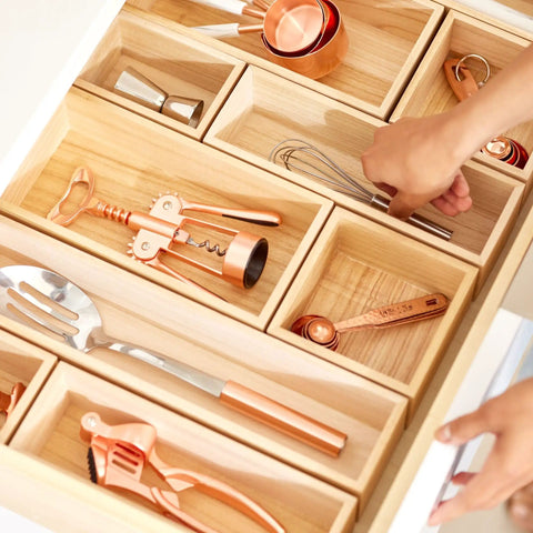 Paulownia Wood Drawer Organizer Bin For Kitchen And Pantry Renewable Material 5 By 10 By 2.5 Inches Natural Finish Utensil Spatula Gadget Divider Flatware Tray Closet Or Desk Storage Space Saving Must Have containing utensils in a drawer.