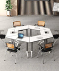 Foldable Office Desk With Hella Smooth Rolling Wheels And Rock Solid Steel Frame, Adjustable Mobile Computer Workstation For Compact Spaces, No Sweat Assembly, Durable Study Table For Modern Home Setups in a hexagonal arrangement with laptops.