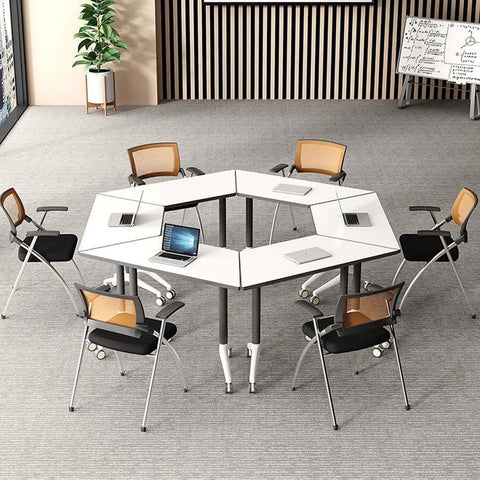 Foldable Office Desk With Hella Smooth Rolling Wheels And Rock Solid Steel Frame, Adjustable Mobile Computer Workstation For Compact Spaces, No Sweat Assembly, Durable Study Table For Modern Home Setups in a hexagonal arrangement with laptops.