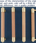 Modern Mid Century Brass And Wood Cabinet Pulls 3 Inch Center to Center Four Pack T Bar Design on blue surface